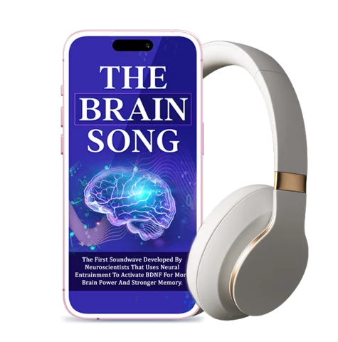 The Brain Song audio cover on a phone next to a pair of headphones